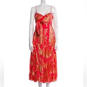 Diane Von Furstenberg Red and Gold Foil Pleated Midi Dress Sz 6 Medium